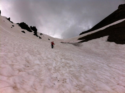 Descending Col du Tsate in freezing rain, Day 8 of the Haute Route, Switzerland, July 2013.