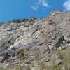 Route as viewed from the approach trail. <br>
Approach in Blue<br>
Climbing in Orange