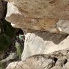 Looking back at pitch 4 from the cramped, pigeon-crusted belay.  Between the piece at the right of the pic and the next piece down the rope (15-20'), hooking was the only way to get up this thing clean.