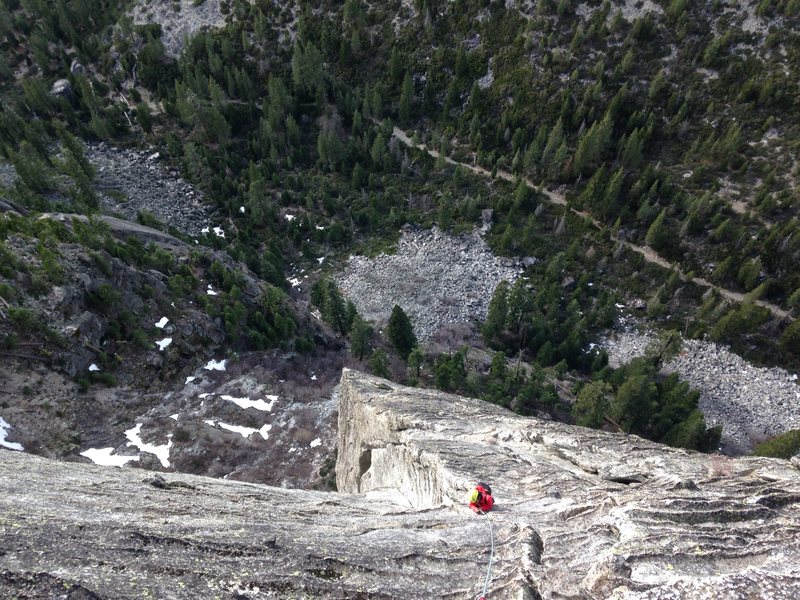 Exiting corrugation corner. The rest of the pitch is easy climbing up the dikes.