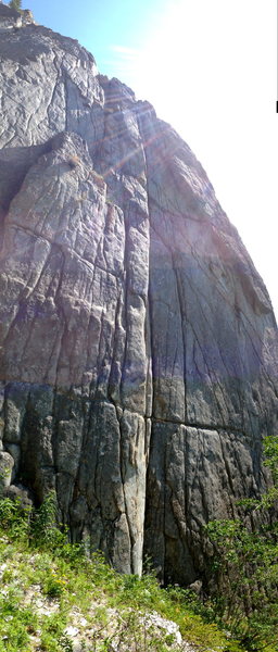 The climb is right of the middle crack with the white sling at the second horizontal crack towards the top