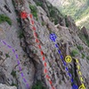 East Face Slab as seen from the Joirney Home on the Dark West Face. <br>
Yellow = Hot Patootie Bless My Soul<br>
Blue = Moss Lords of the Wasatch<br>
Purple = unfinished project<br>
Red = Super .8<br>
