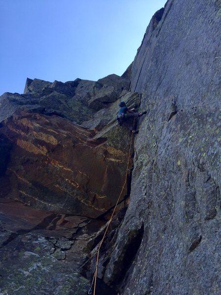 Nick Weinberg on the second pitch crux. Notice mungy area of loose rock under the roof that should be approached with caution.