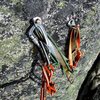 You can rappel the route with a single 70m rope. This bolted rap station is useful for the second rappel.