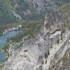 Jaberwocky Tower, including the East face, as seen from the Valkyrie (Aasgard Pass). 