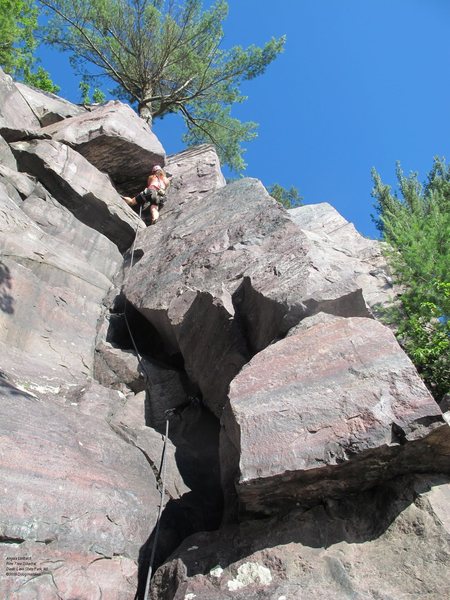 Angela, just before floating the crux.  Didn't look awkward when she did it!