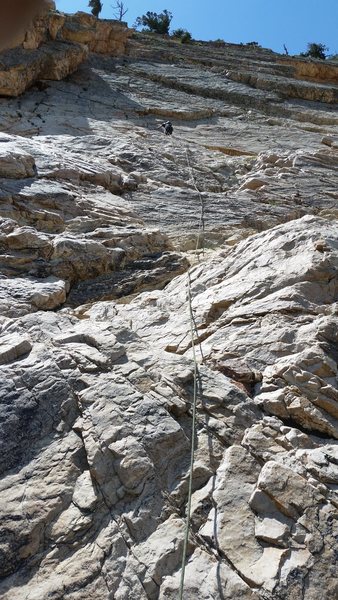 John approaching the P1 belay of "Full Battle Rattle."