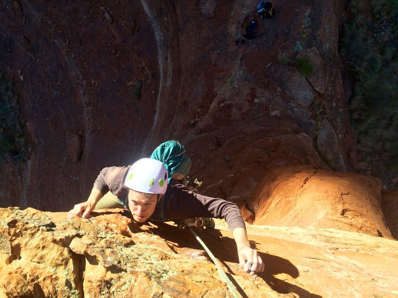 Steve powering through the crux on Fifty Foot Spire.