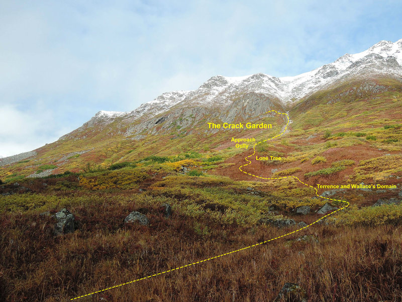 Approach Beta 3/3: From the clearing follow the trail through tall grass and tundra. Head up the hill and past the tree. Cut left and follow the rock gully to the crag.