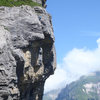 Two climbers at the top of Blauer Kaefer, from the top of Kontinuum. Shows the steepness of the abseils below!