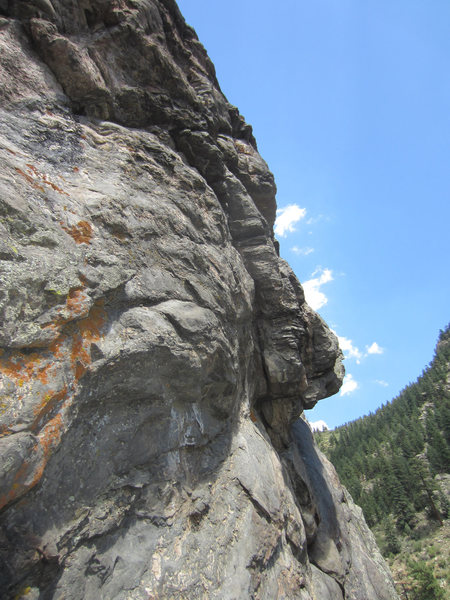 Start of P3; view from the airy pulpit belay.