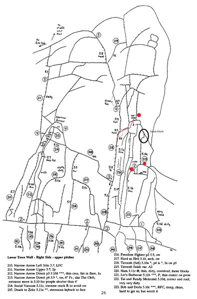 The red dots show the new anchors. The red line shows a way to access and rappel the route, a 70 m will work , I toproped both pitches. 