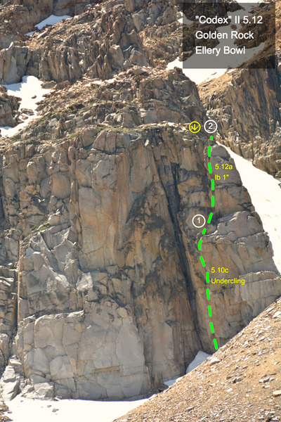 "Codex" (5.12a lieback) on the Golden Rock buttress in Ellery Bowl.