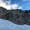 going up the crescent-bugaboo col, use the ramp depicted here.  the rappel line is very close to climbers right.  4 60m rappels gets you to the ground.