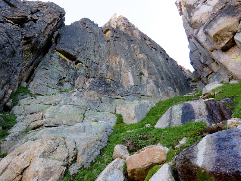 The route starts ~150 feet up the Cathedral-Monk gully.