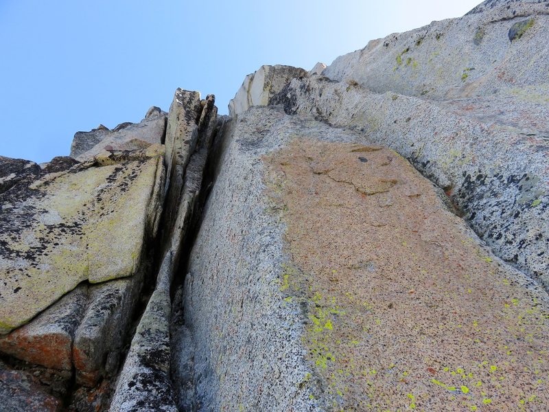 Looking up Pitch 2 of The Valkyrie. Goes right from the belay, then up a crack to lieback offwidth (#5 cam might fit).