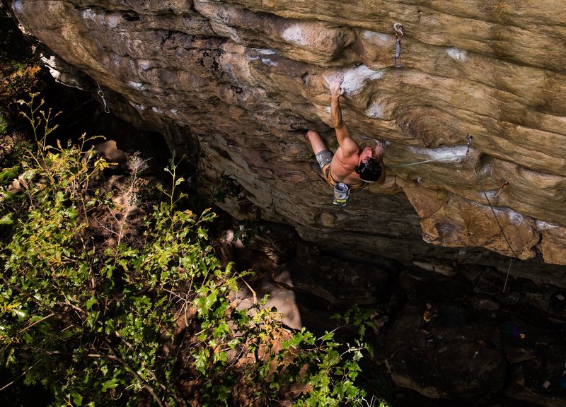 Kurt Fischer on Puppy Chow (5.12c), Lower Meadow, Meadow River Gorge, WV