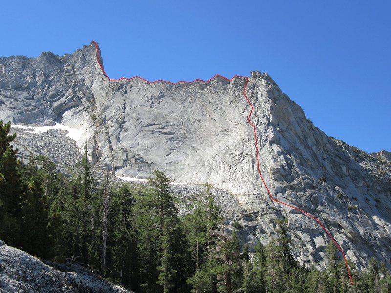 Nightingale Arete, Vogelsang Peak. Line drawn in as we climbed it.