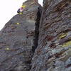 Feather in my cap. View from climber's right of the route.