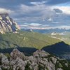 View from Refugio Coldai, on Civetta (Pelmo in the background).  It rained hard here so we didn't get to climb, had fun spending the night up here none - the less. Dolomites with Mike C, and Doug D. July 18th to Aug 4th 2016.