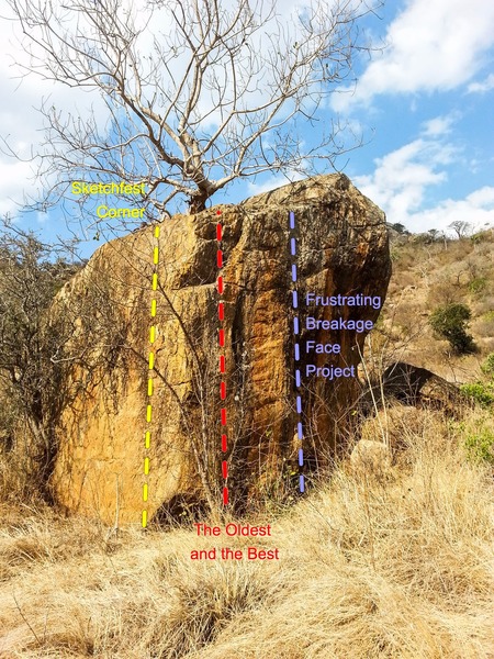 AB's Boulder.  Taken from a vantage that makes it look like one face.  Don't be deceived - just below the tree in the photo, there is a very distinct corner, which helps you tell Sketchfest Corner from The Oldest and the Best.