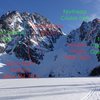 Overlay of Direct N Buttress on Dragontail Peak between Triple Couloirs and Gerber-Sink