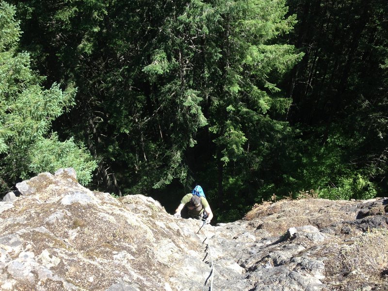 Looking down from the second belay station.