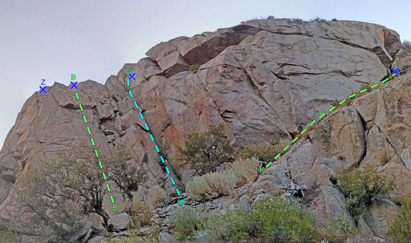 Rowell sector 2 of Rush area.
<br>
overview of routes:
<br>
Z. . (bolt anchor in sector Papillons)
<br>
B. Left Face (3 or 4 bolts plus anchor)
<br>
D. Left Corner (Trad with bolt anchor)
<br>
K. Right Ramp (Trad with bolt anchor)