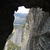 Peering out the keyhole of the pitch two chimney belay