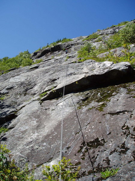 2 [Route Photo 2] Looking at our P2, better to belay somewhere beyond the "non-descript" OH (really easy !) That way you reach dbl bolts 30+/-ft right & 20+/- ft higher than climber.  