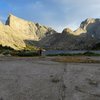 View from north end of Deep Lake. Steeple Peak, Lost Temple Spire / East Temple Peak, Temple Peak in distance.