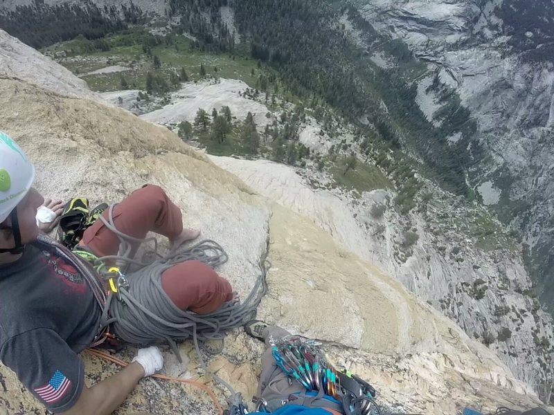 Belay station at the top of the slot pitch