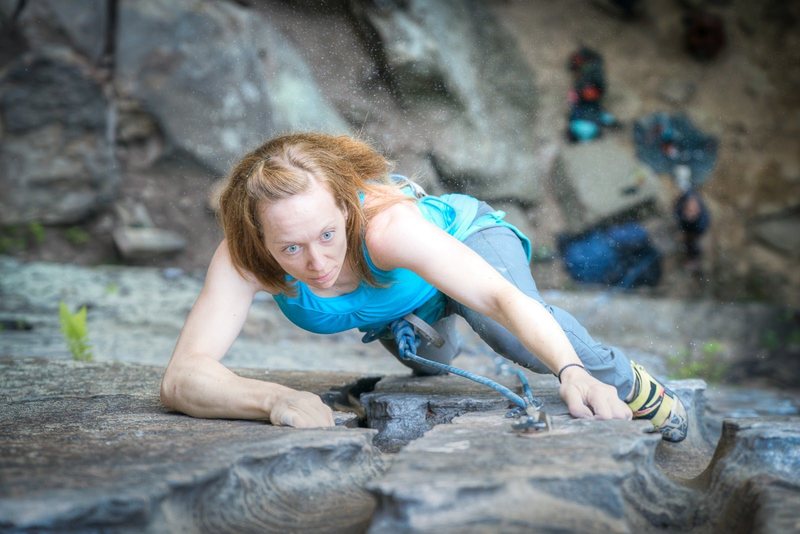 Jen almost at the top of Eureka, a classic 5.6 @ Global Village RRG