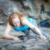 Jen almost at the top of Eureka, a classic 5.6 @ Global Village RRG