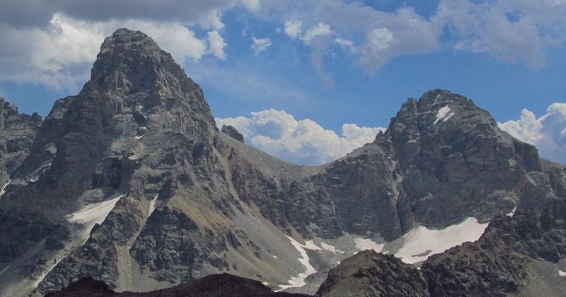 Grand and Middle from Table Mountain showing Dartmouth Couloir to Lower Saddle