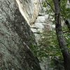 The first pitch of Built to Tilt as seen approaching after exiting the gully and turning left.