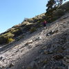 The steep talus field on the approach