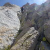 A short section of low-fifth class climbing below the summit ridge on Independence Peak