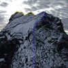 Back towards Store from Vest on a snowy day.<br>
<br>
Yellow is ascent route, blue descent. A more difficult version of the ascent follows the arete on the skyline on the right.