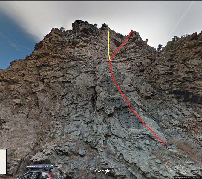 Red：Solid Gold start to Playin' Hooky.<br>
Yellow: Solid Gold.<br>
<br>
<em>Eds.</em> The red line deviates at the black roof on P2 from Solid Gold onto Furlough Day. Solid Gold's P2 is on the lighter gray rock to the right of the red line on P2.