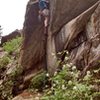 Clint Casey leads the possible first ascent of Lichet or Leave It, June 29, 2016. From this perspective, the severely rightward lean of the dihedral isn't evident. 