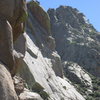 The Tooth as seen from the Gerdames. Climber on the Tooth Fairy.