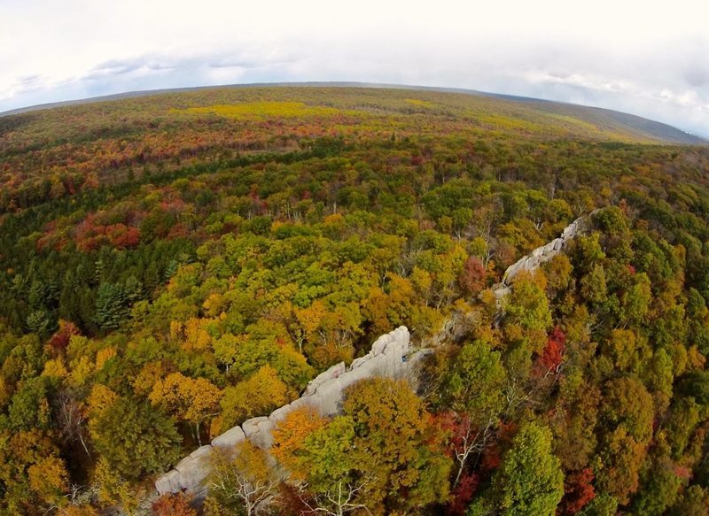 An aerial photo taken during the annual Access Fund Climb and Clean event.  This fun event occurs every year on the 3rd weekend of October (to take advantage of the peaking fall colors!)   Details can be found on the access fund website and facebook.