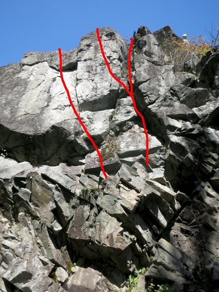 3 more 10- variations left of the route.  These can be top-roped off the Swerve anchor with minimal swing danger by placing the rope carefully.  Watch for rope abrasion against rock if falling a lot.  The middle one is the hardest and has some unavoidable swing danger.