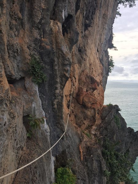 The fixed line to the belay ledge from which you'll start this route