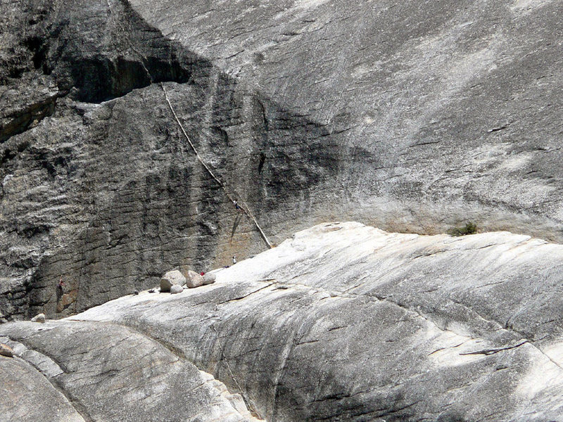 East Cottage Dome. Climbers on Konvicts do Koalas (center), Knobulator (R) and way down left another party on possibly Comfortably Numb.