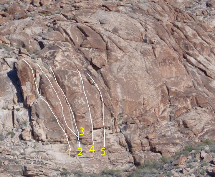 Paiute Crags, south end. Photo courtesy of Dustin Wilkinson.<br>
1) Crowd Pleaser, 5.6<br>
2) Not to be Taken for Granite, 5.9<br>
3) Unkown crack, 5.7<br>
4) 15th Annual Keyhole Classic, 5.11 TR<br>
5) Chili Cook Off, 5.10 TR