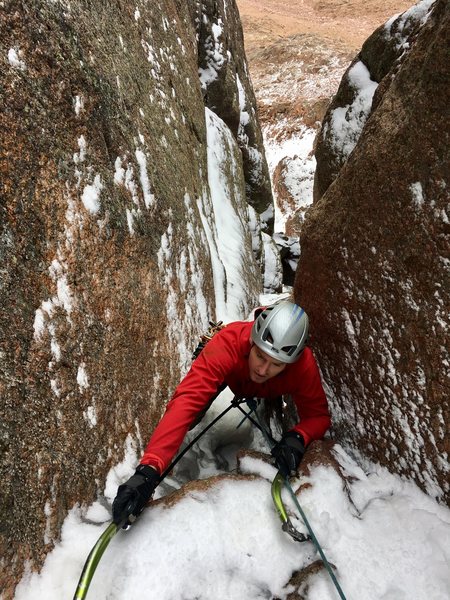 The crux exit of Blind Assumption, Pike's Peak, CO.