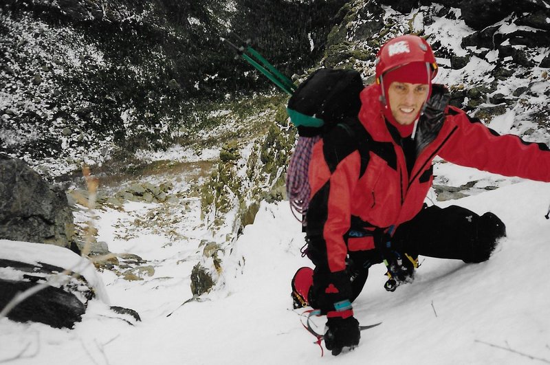 In the upper snow gully with John Brochu