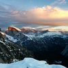 Sunset view on a winter hike from the Awahnee, up the North Dome Gully, bush wacking up the north side of North Dome, over to Yosemite Falls, and down to Camp 4.